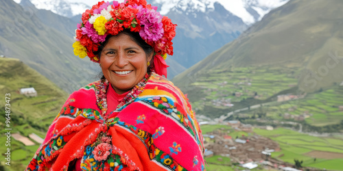 Portrait of a poncho-clad Indian villager with her village in the background