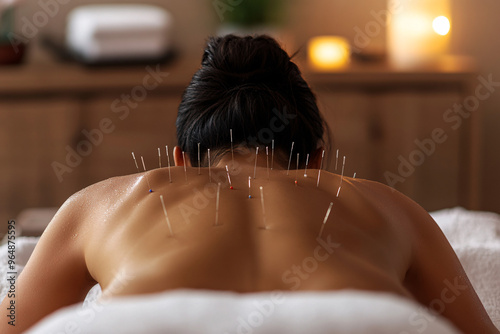 woman lying on her stomach during an acupuncture therapy session with several needles inserted into her back in a tranquil spa