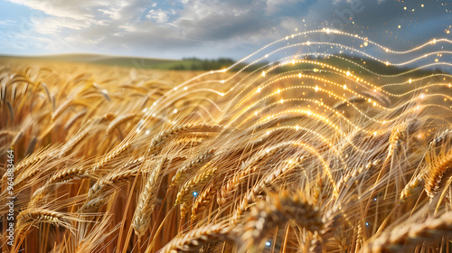 Wheat fields with stalks made of antenna arrays and golden grains dissolving into wireless signal patterns 