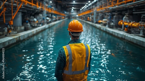 A worker in protective gear carefully inspects a large water treatment plant