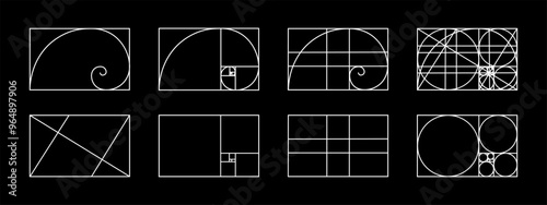 Set of golden ratio templates. Nautilus shell in rectangle frame divided on lines, squares and circles. Fibonacci sequence grids. Ideal nature symmetry proportions layouts. Vector illustration.