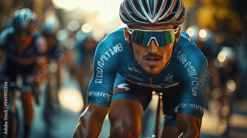 Close-Up of a Professional Cyclist Racing in the Tour de France, Wearing a Helmet and Green-Tinted Glasses, Blue Jersey, Captured in High-Speed Sports Photography with Motion Blur