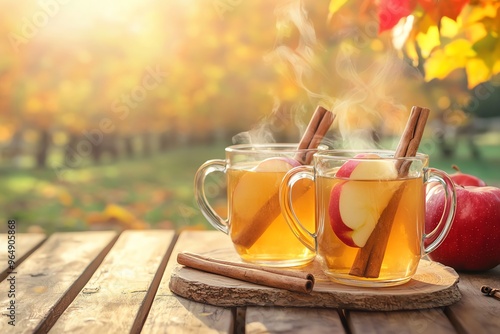 Two mugs of steaming apple cider with cinnamon sticks and apple slices on a wooden table in a fall setting.