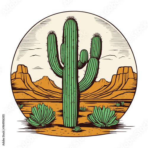 Saguaro Cactus Surrounded by Desert Flora and Mountains