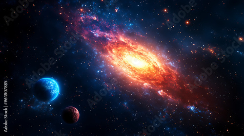 A vibrant, swirling galaxy with a bright core, set against a backdrop of twinkling stars and two distant planets.