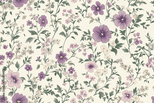 Seamless wallpaper pattern of small, ditsy floral print in muted mauve and sage green on a cream background