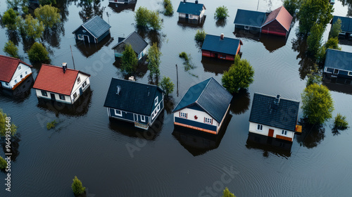 Flooded houses surrounded by water and greenery depict small community with interconnected flood defenses.