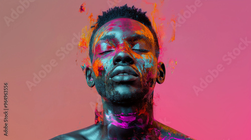 A man with eyes closed splash paint on face contemplating life feeling of euphoria and calm