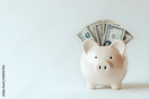 A charming pink piggy bank filled with dollar bills, symbolizing savings and financial growth in a minimalist setting.