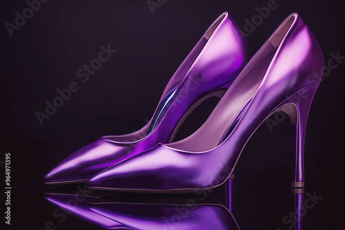 Pair of dress women shoes isolated over dark background, silky shiny purple high heeled stilettos isolated on black