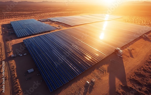 Solar power plant with large, reflective panels arranged in a grid, set in a desert landscape with sun rays casting long shadows