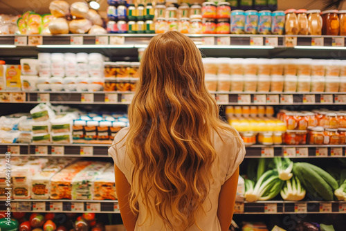 A woman comparing products in a grocery store, supermarket