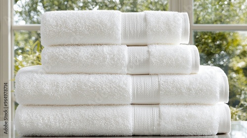 Stack of White Terry Cloth Towels Soft and Fluffy Spa Hotel Bathroom