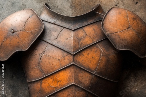 Close-up of a medieval chest and shoulder plate armor with a rustic, weathered appearance.