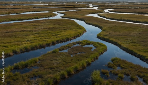 Scenic view of winding water channels through lush green marshland. wide view