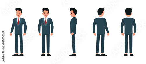 Business man wear blue suit and working in office character vector illustration design set. Presentation in various action.