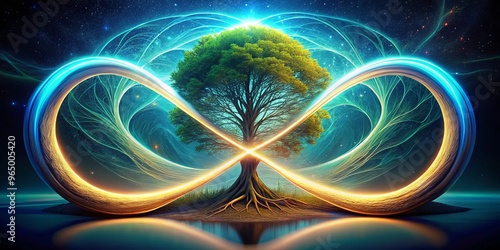 The mystical tree of life bursts forth from an endless loop, embodying the intricate web of relationships that