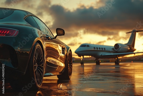 Elite Airport Transfer with Luxury Car and Private Jet on Runway for Sophisticated Business Travel Experience