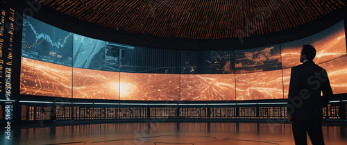 Commanding the Data Flow: A lone figure in a dimly lit, technologically advanced command center, surveys a panoramic display of global data visualizations. 