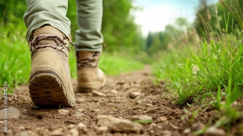 A close-up of a person walking on a dirt path, showcasing hiking boots and lush greenery on both sides.