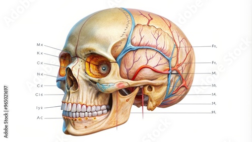 sphenoid bone, mandible, vomer bone, Educational illustration featuring a worm s eye view of cranial anatomy with detailed labels and annotations on a white background