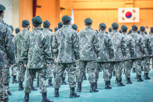 Hwacheon-gun, Gangwon-do, South Korea - November 6, 2019: Soldiers are standing for the completion ceremony at army recruit training center