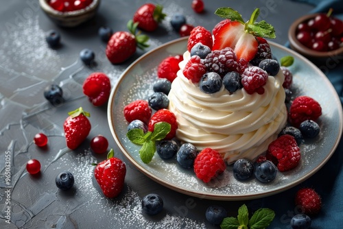 A beautifully plated dessert of zabaglione with fresh berries