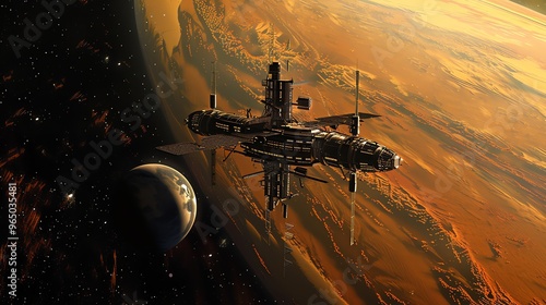 A futuristic space station orbits a red planet, with a moon in the foreground.