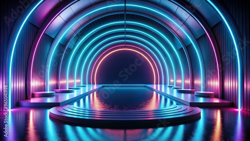 rounded arch, innovation, futuristic, illuminated, technology, urban, Surreal futuristic stage with a rounded arch neon lighting and a reflective pool seen from a bird s eye view