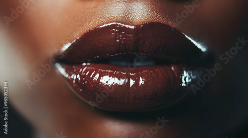 Close-up of full, glossy African lips, rich brown tone with vibrant lipstick, reflecting a soft light, set against a blurred background