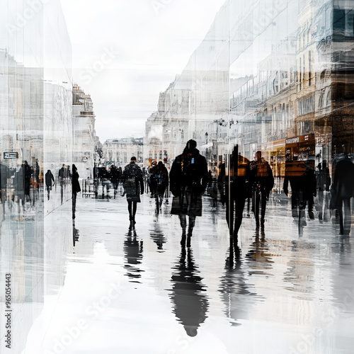 urban city people reflection street pedestrians architecture modern blurred movement abstract busy environment walking square silhouette glass light