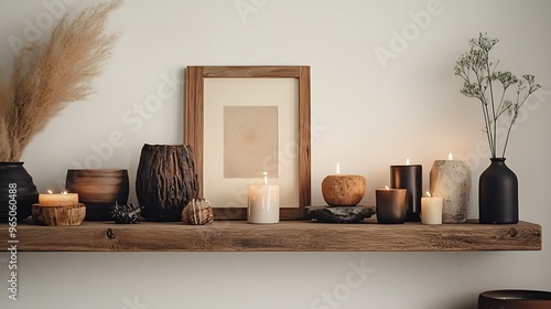 stylish wooden shelf filled with carefully arranged home decor pieces, including candles, framed art, and unique sculptures, set against a soft, neutral wall