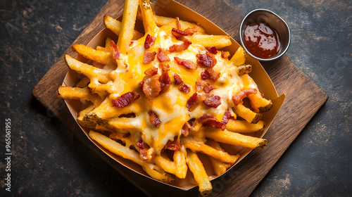 Delicious loaded fries topped with crispy bacon and melted cheese served in a disposable tray creating an enticing culinary treat perfect for sharing