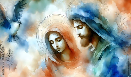 Watercolor painting and illustration of Joseph and Maria. Digital Watercolor Biblical Illustration 