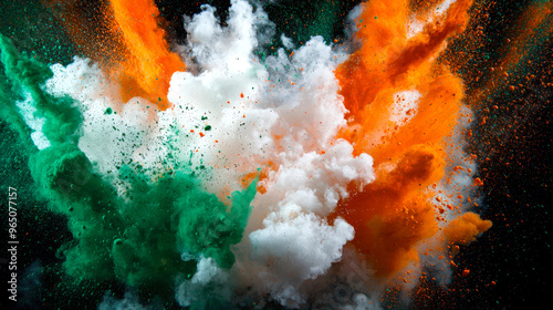 A bright explosion of green, white and orange holi colors on a black background. The concept of the flag of Ireland from an explosion of powdered paints. Abstract background