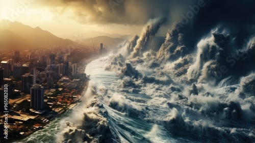 A massive wave crashes towards a city, threatening to engulf the buildings. The sky is dark and stormy, and the water is churning violently.