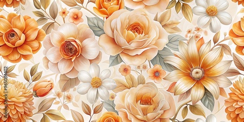 Softly glowing peach and orange hues dance across a crisp white background, delicate petals unfolding with subtlety