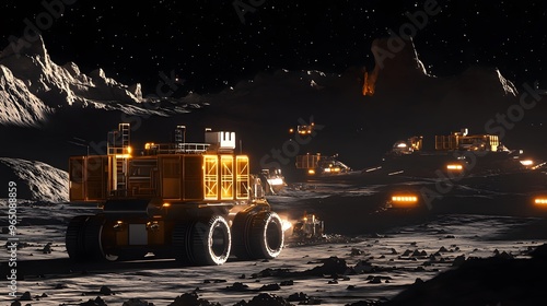 A futuristic mining operation on the moon extracting rare minerals for space colonization