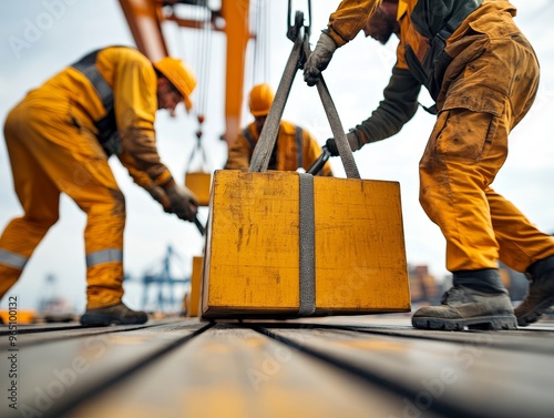 Dockworkers in yellow uniforms secure cargo with straps during loading operation.