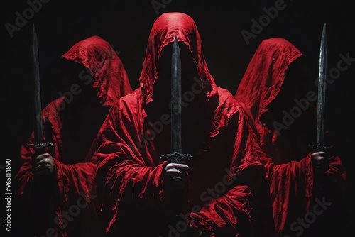 Mysterious figures in red hoods with daggers satanic symbols Dark ritual sectarians Black background