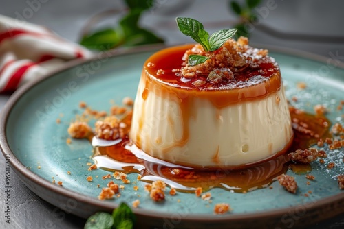 A panna cotta with caramel sauce