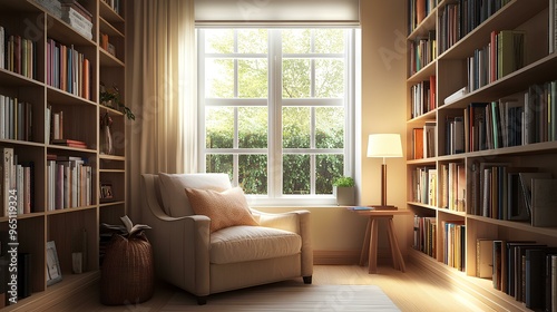 Cozy reading nook with built-in bookshelves, a comfortable armchair, and a small side table, illuminated by natural light from a nearby window