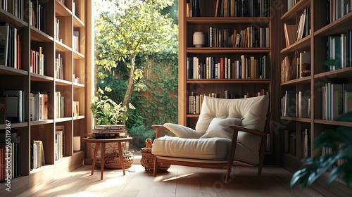 Cozy reading nook with built-in bookshelves, a comfortable armchair, and a small side table, illuminated by natural light from a nearby window