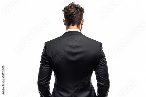 Stylish man wearing suit seen from behind on white background