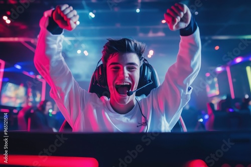 Successful eSports gamer joyfully celebrates victory in online cyber championship tournament with a front view portrait shot