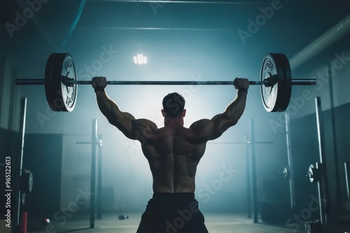 Weightlifter displaying strength by lifting heavy barbell overhead during military press at crossfit gym