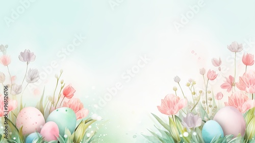 Pastel Easter eggs surrounded by blooming flowers in a serene background