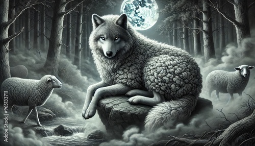 A wolf in sheep's clothing sitting on a rock, surrounded by mist, with a cunning expression in a moonlit forest.