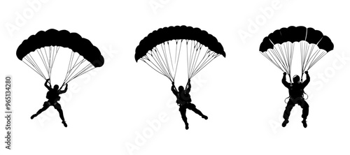 Set of skydivers, silhouettes parachuting vector illustration 