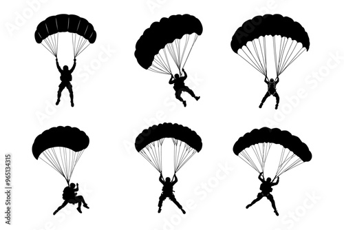 Set of skydivers, silhouettes parachuting vector illustration 